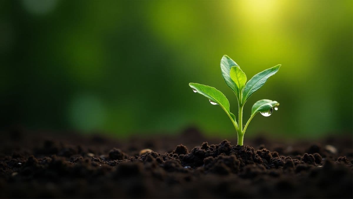 Young green seedling growing from fertile soil, symbolising Green Harvest Global's agricultural roots